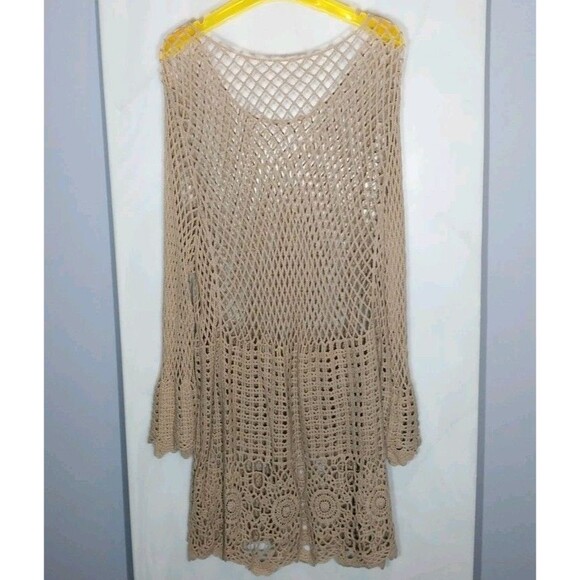Crochet Dress Swimsuit Cover Up One Size Fishnet Scalloped Hem Flared Sleeves - Picture 5 of 6